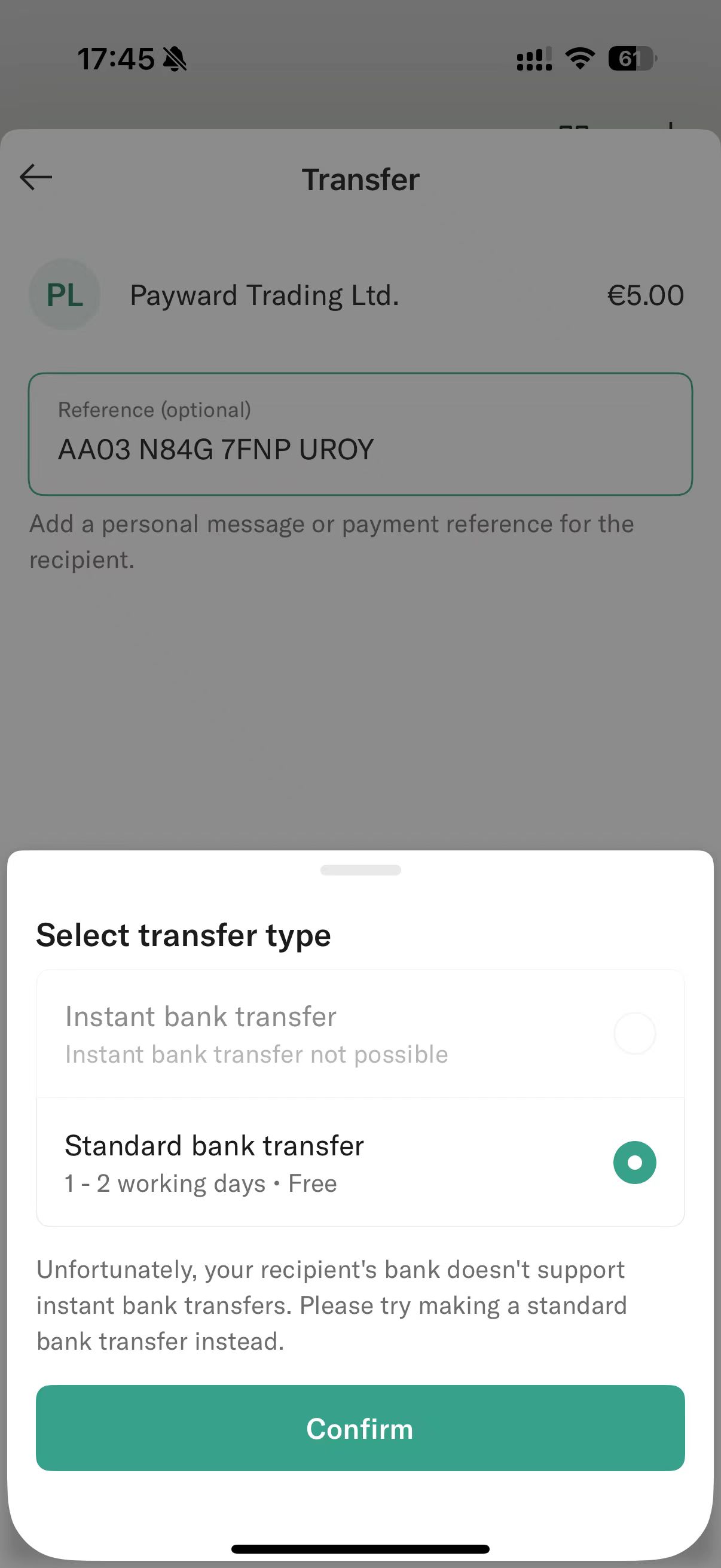 选择Standard Bank transfer